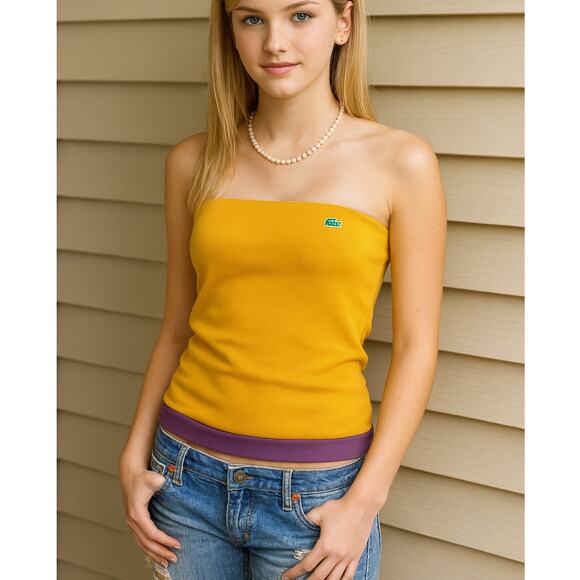 Vintage Y2K Lacoste Logo Tube Tank Top Orange Strapless Shelf Bra 36 Size S - Picture 1 of 11